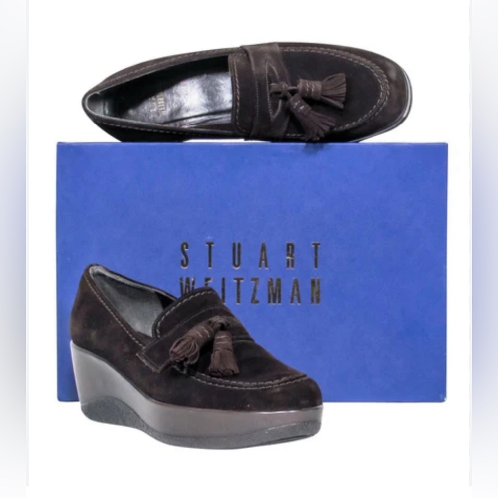 VINTAGE STUART WEITZMAN Lovely Brown Suede Tassel Square Toe Wedge Loafers 8.5M.